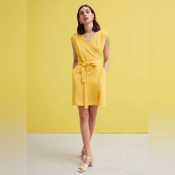 Everlane Women's Yellow The Japanese GoWeave Short-Sleeve Mini Wrap Dress SZ 0 - Picture 1 of 8